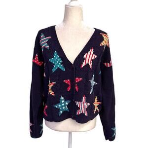 Vintage 90s Ramie Cotton Intarsia Knit Stars Cardigan by Bushwacker Preppy Artsy